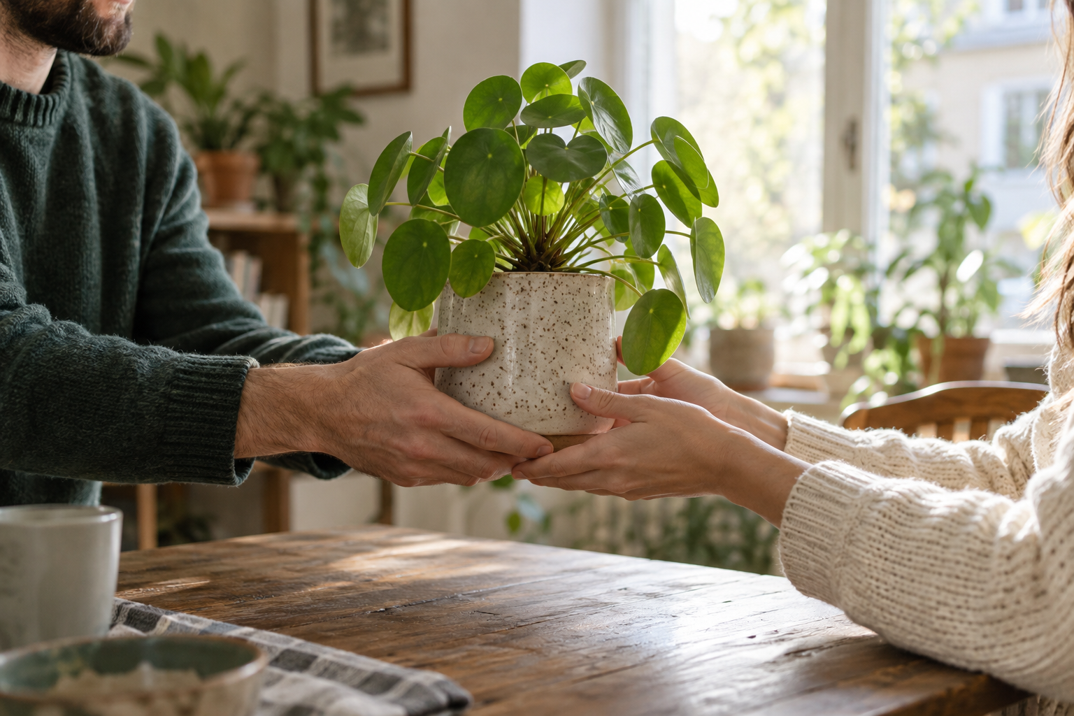 Deux personnes partagent une plante